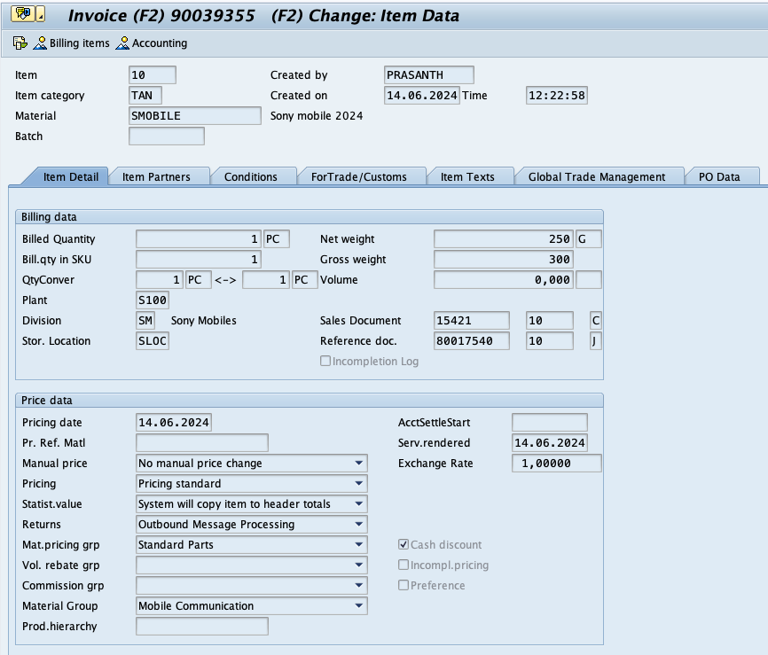 Item Data in Invoice 